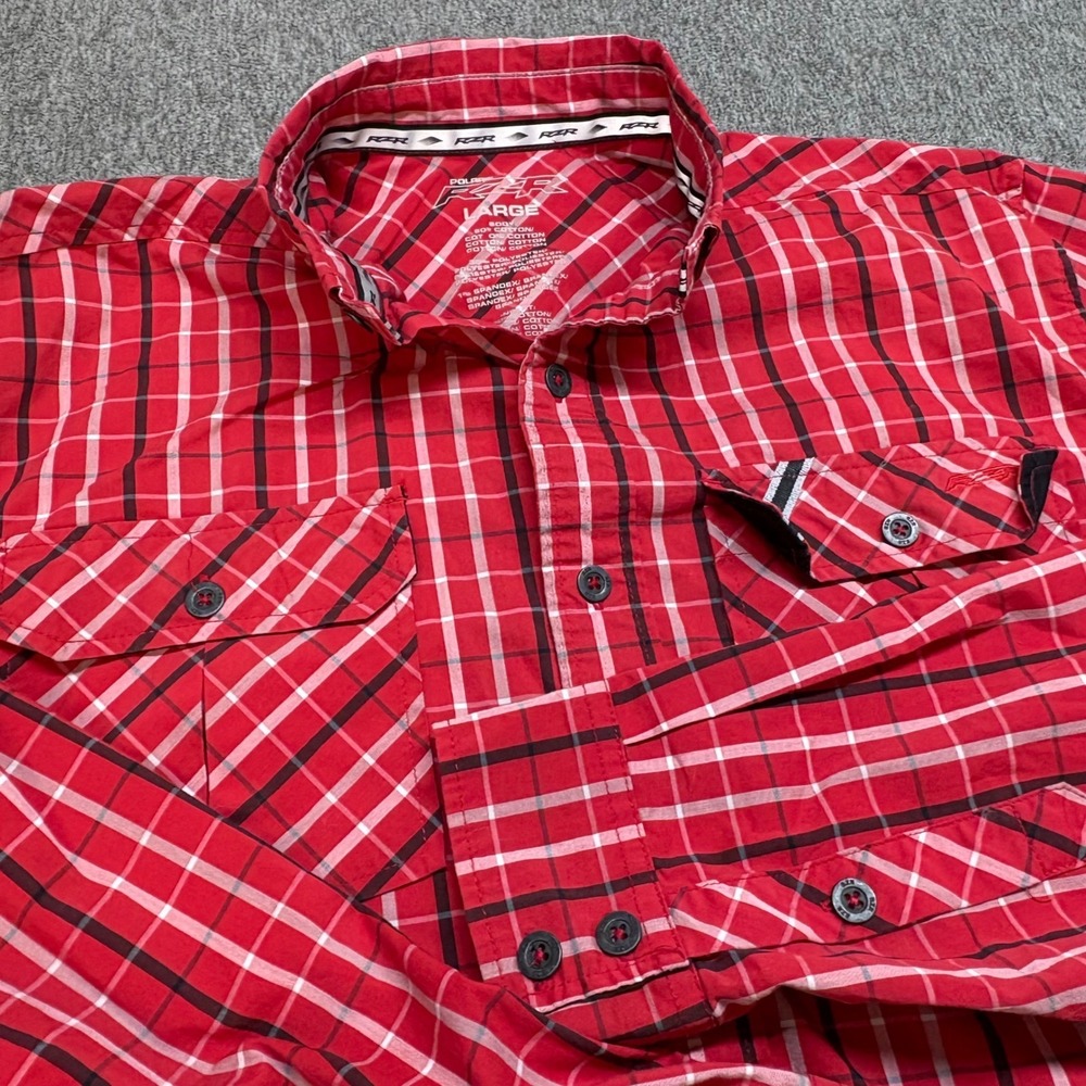 Polaris RZR Mens Plaid Long Sleeve Button Up‎ Shirt Large Embroidered Red